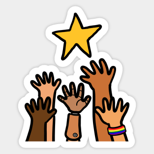 Hands reaching out star. Success motivation concept. Sticker